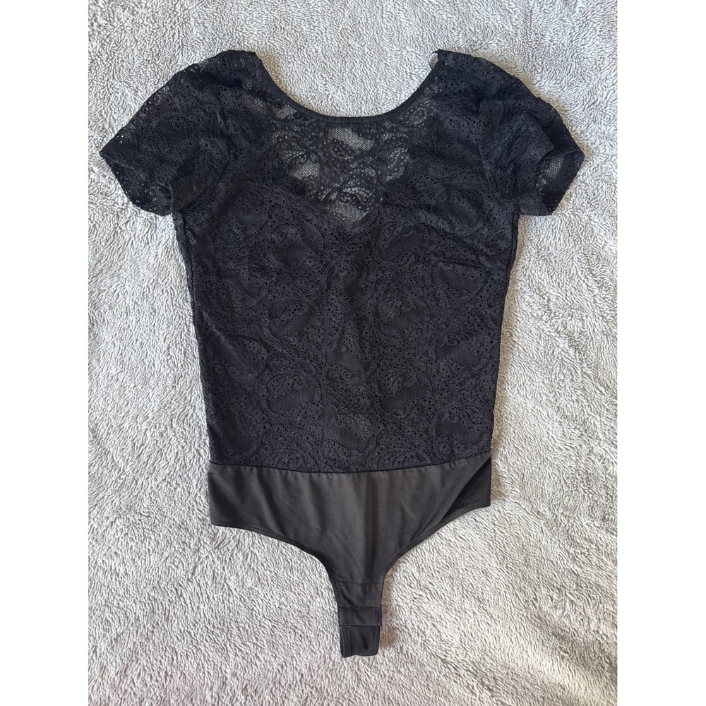 Vila Visala Black Lace Short Sleeve‎ Bodysuit Scalloped V-Neck Thong Small